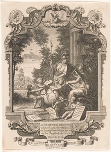 خرطوش مع قصة رمزية عن تاريخ اليونان صفحة العنوان لـ: Kornelis Westerbaen ، Algemeene Histori ، 1742 بواسطة جان كاسبار فيليبس