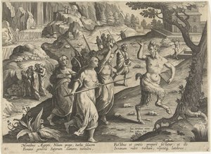 Vrouwen verjagen een sater Jachttaferelen (عنوان المسلسل) صيد الحيوانات البرية والطيور والأسماك في بيستاري (عنوان السلسلة) بواسطة جان فان دير سترايت