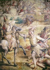 حملة الإمبراطور تشارلز الخامس 1500-58 ضد الأتراك في تونس عام 1535: الاستيلاء على غوليتا ، تفاصيل جندي مشدود يحمل رأسًا غير مجسم ، رسوم متحركة لفحم نسيج ومرحاض على ورق