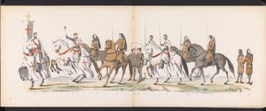 حفلة تنكرية لطلاب ليدن ، 1865 (اللوحة 5) موكب بالملابس أقامه أعضاء فيلق طلاب ليدن في السادس من يونيو 1865 ، احتفالًا بالذكرى 290 لمدرسة Leidsche Hoogeschool ، والتي تصور: دخول الهولنديين إلى