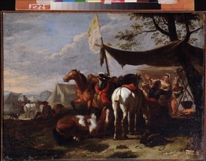 "" مجموعة الفرسان في المعسكر "(معسكر الفرسان) لوحة رسمها جان فرانس فان بلومين (1662-1749) متحف الشرق الأقصى للفنون في القرن الثامن عشر ، خاباروفسك ، روسيا بواسطة جان فرانس فان بلويمن