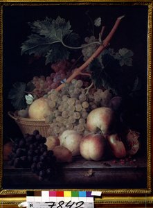 "فواكه" صامتة من الخوخ والعنب والكمثرى والرمان مع الفراشات والدبور. رسم جان فرانسوا فان دايل (1764-1840) 1808 متحف بوشكين ، موسكو