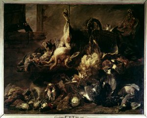 انتشار اللعبة في حارس يأكل مع قطة وقردين لوحة بواسطة Jan Fyt (1611-1661) (ec.flam.) القرن السابع عشر الشمس. 0،86 X 1،76 م باريس ، متحف اللوفر بواسطة يان فيت