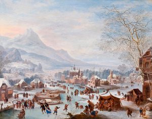 "" مشهد الشتاء مع المتزلجين "(مشهد الشتاء مع المتزلجين) رسم جان جريفير (حوالي 1652-1718) - زيت على نحاسي - خافت 43x55 سم Hallwylska Museet ، ستوكهولم