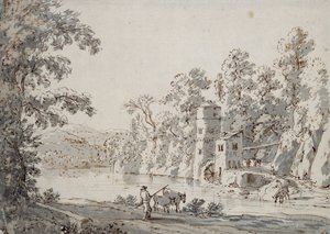 The Watermill by the Ford (قلم وحبر بني وغسل رمادي على ورق)