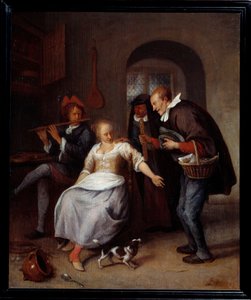 تاجر نسيان بائع معجنات متنقل. رسم جان ستين (1626-1679) 1678 صن. 0،35x0،3 م روان ، متحف الفنون الجميلة