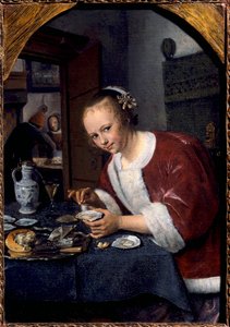 فتاة صغيرة تأكل المحار لوحة جان ستين (1626-1679) صن. 0،14 × 0،2 م لاهاي. موريتشويس