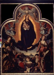 "La Vierge en Gloire" (تمجيد العذراء) من بين الشخصيات المحيطة بالعذراء ويسوع المسيح: الملك داود يعزف على القيثارة ، الإمبراطور الروماني أوغسطس (كايوس يوليوس قيصر أوكتافيانوس أوغسطس) (63 ق.م - 14 م) ، الأنبياء