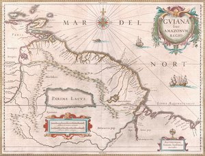 خريطة تم إنشاؤها حوالي عام 1649 تصور منطقة غويانا. الأراضي التي تطالب بها إسبانيا باللون الأحمر إلى الغرب ، وسلطت الضوء على منطقة غيانا الهولندية باللون الأصفر والبرتغالي باللون الأحمر إلى الجنوب الشرقي. بحيرة باريم الأسطورية مرئية أيضًا بواسطة جان جانسونيوس