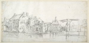 A canal with buildings, including a toll house and a toll bridge, c.1650 (black chalk on white paper) بواسطة يان جوزيفس. فان (دائرة) جوين