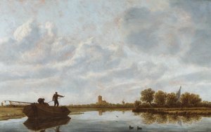 رجال على مركب في منظر طبيعي نهري مع كنيسة بعيدة (زيت على لوحة) بواسطة يان جوزيفس. فان (دائرة) جوين