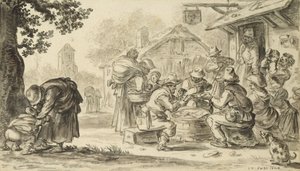 لعبة بطاقات المزارعين أمام النزل ، 1624 (قلم رصاص وقلم وحبر وفرشاة على ورق) بواسطة جان جوزيفز فان جوين