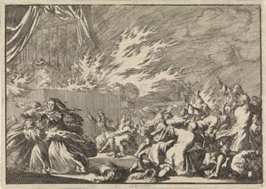 حريق سقيفة خشبية حيث يتم عرض مسرحي بجوار قلعة أميلينبورغ في كوبنهاغن ، 1689 بواسطة جان لويكن