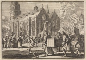 يجلب سكان Spiers بحسن نية أثاثهم إلى Dom حيث يتم حرقهم من قبل الجنرال الفرنسي Monclar ، 1689 بواسطة بيتر فان دير آأ (الأول)