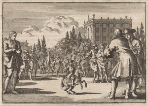 في ساحة بمدريد ، تجمع حشد حول لويسيلو ، قزم ملك إسبانيا ، 1675 بواسطة جان لويكن