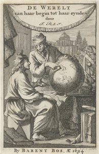 رجلان يدرسان الكرة الأرضية صفحة عنوان: J. Ray ، العالم من بدايته إلى نهايته ، 1694 بواسطة بارينت بوس