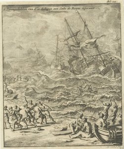 حطام السفينة في رأس الرجاء الصالح ، 1693 تحطم ثلاث سفن في كابو دي بون الترجي (العنوان على الجسم) بواسطة جان لويكن