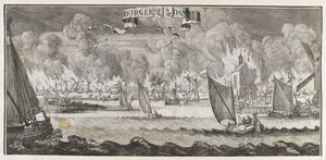 منظر لقرية Durgerdam ، بالقرب من أمستردام ، أثناء حريق عام 1687 (نقش) بواسطة جان لويكن