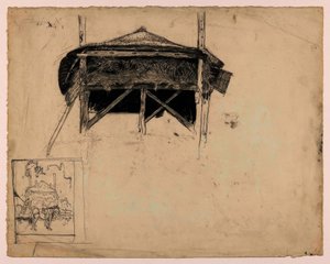 دراسة لكومة قش ، أسفل اليسار: رسم تخطيطي لحصان أمام كومة قش.