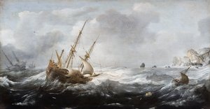 سفن في عاصفة على ساحل صخري ، 1614-1618