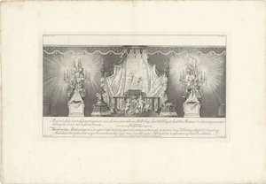 ظهر الغرفة مع سرير الولاية للأمير ويليم الرابع 1751 Fond de la sale dessiné Geometriquement (...) / Meetkonstige رسم خلف حرير القاعة مع Cieraden soodanigh كما هو مستخدم من قبل Hr. ديلاج ليويت. العقيد: Ingen.r والمراقب بواسطة فرانسوا Changuion