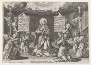 Magnificat: العذراء محاطة بملائكة صنع الموسيقى بواسطة جان سادلر الأول ، بعد مارتن دي فوس
