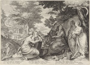 خمس عذارى حكيمات في منظر طبيعي مع يوحنا المعمدان يكرز مثل العذارى الحكيمات الجاهلات (عنوان المسلسل) بواسطة جان ساينريدام