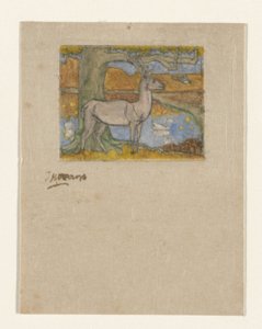 غزال بجانب شجرة أمام بركة أيل بجانب شجرة (العنوان الأصلي) بواسطة جان تروب (توقيع الفنان)