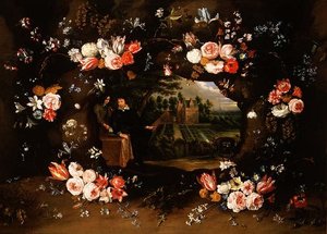 إكليل من الزهور يحيط بميدالية تمثل نيكولاس دي مان أمام ممتلكاته في أنتويرب ، 1653