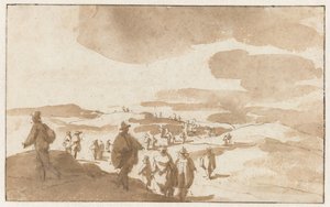 رسمان تخطيطيان لأشكال على الكثبان الرملية بالقرب من Scheveningen الناس في الكثبان الرملية في Scheveningen بواسطة جان دي بيشوب