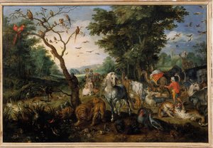 صعود الحيوانات في سفينة نوي لوحة رسمها جان بروغل (أو بروجيل أو بروغيل أو بروغيل) المعروفة سابقًا باسم Bruegel de Velours (1568-1625) أورليانز ، متحف الفنون الجميلة - دخول الحيوانات إلى سفينة نوح الرسم بواسطة يناير بواسطة جان الأكبر بروغل