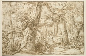 تصميم داخلي للغابات مع رسام ، c.1664 (حبر بني على ورق قديم) بواسطة جان الأكبر ليفينز