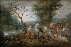 منظر طبيعي في الجنة مع الحيوانات - Peinture de Jan Brueghel الأصغر (1601-1678) - 1613-1615 - زيت على خشب - 61x90،2 - Szepmuveszeti Muzeum ، بودابست