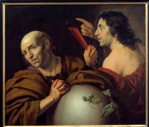 Heraclite and Democrite الفلاسفة اليونانيون Heraclite of Ephese (Heraclitus) (535-475 قبل الميلاد) و Democrite (Democritus) (460-370 قبل الميلاد). رسم جان فان بيليرت (1597-1671) أوترخت في القرن السابع عشر. المتحف المركزي