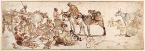 Countryfolk resting to picnic by the roadside (pen & ink with watercolor on paper) بواسطة جان فان بايك ميل