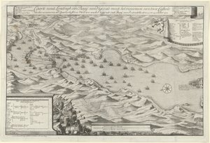 معركة بحرية في خليج فيجو والاستيلاء على الأسطول الفضي الإسباني ، 1702 Carte vande Landingh في خليج فيغوس كجزء من الاستيلاء على اثنين من Casteels والاستيلاء على أسطول الفضة الإسباني الراسخ في الخليج لصالح Redondella den بواسطة ولايات هولندا وغرب فريزلاند