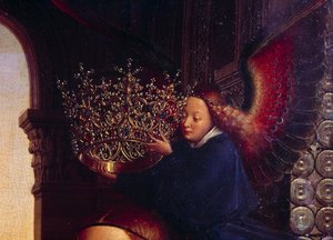ملاك يتوج العذراء. تفاصيل "" عذراء المستشار رولين "" كان نيكولاس رولين (1376-1461) مستشار بورغندي في عهد فيليب لوبون ومؤسس Hospices de Beaune في عام 1443. رسم جان فان إيك (1390-1441) بواسطة جان فان إيك