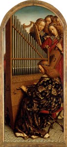 مذبح غينت. عشق الحمل الصوفي: ملائكة صنع الموسيقى ، 1432. بواسطة Jan van Eyck