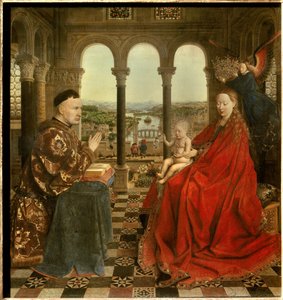 عذراء المستشار رولين نيكولا رولين (1376-1461) كانت مستشارة بورغندي في عهد فيليب لوبون ومؤسس Hospices de Beaune عام 1443. رسم جان فان إيك (1390-1441). القرن الخامس عشر الشمس. 0،66x0،62 م باريس - العذراء المستشار ر بواسطة جان فان إيك