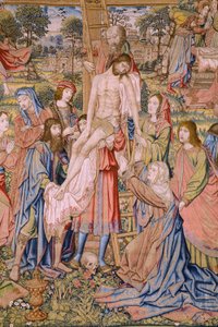 نسيج فلمنكي. سلسلة آلام المسيح: النزول من الصليب (Kruisafneming، Descendimiento de la cruz). صنع بيتر فان إيلست. رسام الكاريكاتير جان فان روم. كاليفورنيا 1507-1520. التفاصيل. بواسطة جان فان روم