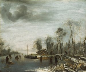 منظر شتوي مع متزلجين وعشاق كولف على ممر مائي مجمد ، 1653
