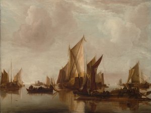 يخت حكومي ومراكب أخرى في مياه هادئة ، كاليفورنيا. 1660. بواسطة جان فان دي كابيل