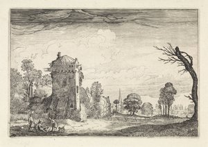 الصيادون مع الكلاب بالقرب من برج في منظر طبيعي المناظر الطبيعية (عنوان المسلسل) Amenissimae aliquot Requculae (عنوان السلسلة) بواسطة جان فان دي فيلدي (الثاني)