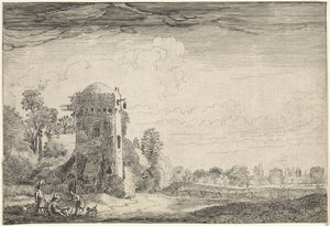 الصيادون مع الكلاب بالقرب من برج في منظر طبيعي المناظر الطبيعية (عنوان المسلسل) Amenissimae aliquot Requculae (عنوان السلسلة) بواسطة جان فان دي فيلدي (الثاني)