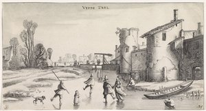 المناظر الطبيعية الشتوية مع المتزلجين على سور المدينة مناظر Playsante والوجوه المسلية (عنوان المسلسل) بواسطة جان فان دي فيلدي (الثاني)