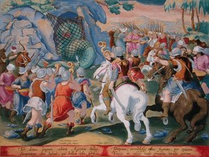 اصطياد ثعبان مصر في شبكة ، اللوحة 45 من "Venationes Ferarum ، Avium ، Piscium" (للصيد: الحيوانات البرية والطيور والأسماك) نقشها جان كوليرت (1566-1628) نشره فيليبس جاليوس من أمستردام (نقش ملون يدويًا ) بواسطة جان فان دير سترايت
