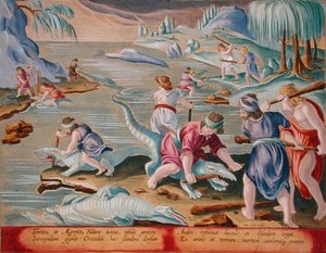 قتل التماسيح باستخدام العصي والعصي ، اللوحة رقم 88 من "Venationes Ferarum ، Avium ، Piscium" (للصيد: الحيوانات البرية والطيور والأسماك) نقشها جان كوليرت (1566-1628) التي نشرها فيليبس جاليوس من أمستردام (نقش ملون يدويًا) بواسطة جان فان دير (1523 1605) (بعد) Straet