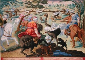 المور على ظهور الخيل يصطاد النعام ، اللوحة 62 من "Venationes Ferarum ، Avium ، Piscium" (للصيد: الحيوانات البرية والطيور والأسماك) نقش بواسطة Jan Collaert (1566-1628) نشره Phillipus Gallaeus of Amsterdam (نقش ملون يدويًا) بواسطة جان فان دير سترايت