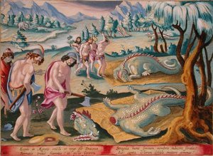 قطع رأس التماسيح، اللوحة 46 من 'Venationes Ferrarum, Avium, Piscium' (عن الصيد: الوحوش البرية والطيور والأسماك) نقشها جان كولارت (1566-1628) ونشرها فيليبوس جاليوس من أمستردام (نقش ملون يدويًا) بواسطة جان فان دير (1523 1605) (بعد) Straet