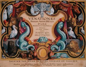 صفحة العنوان "Venationes Ferarum، Avium، Piscium" (للصيد: الوحوش البرية والطيور والأسماك) نقشها جان كوليرت (1566-1628) نشرها فيليبس جالايوس من أمستردام (نقش ملون يدويًا) بواسطة جان فان دير سترايت